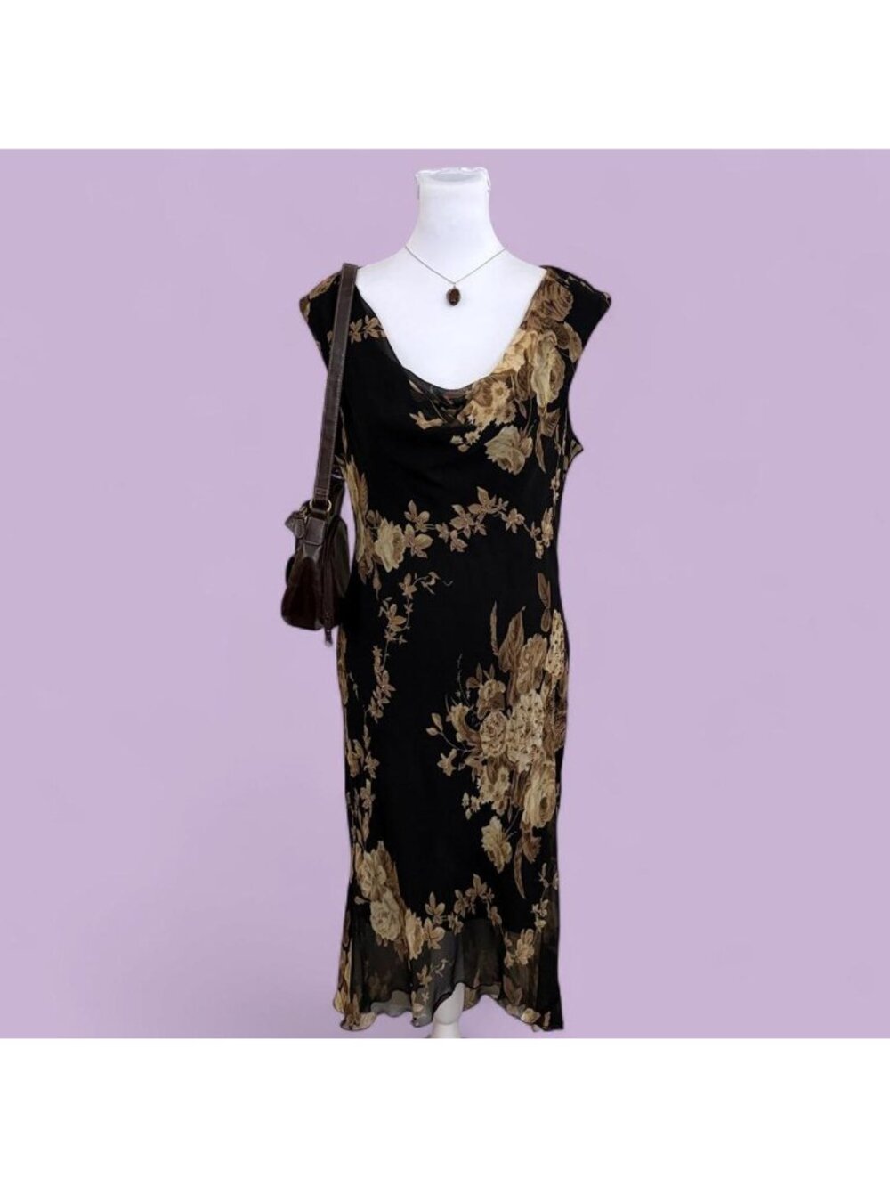 90s floral whimsygoth beaded cowl neck midi dress